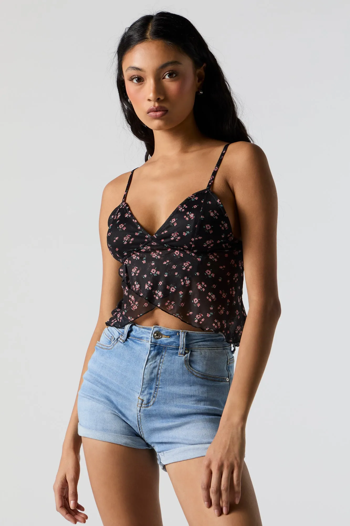 Floral Mesh V-Neck Tank sold by Urban Planet