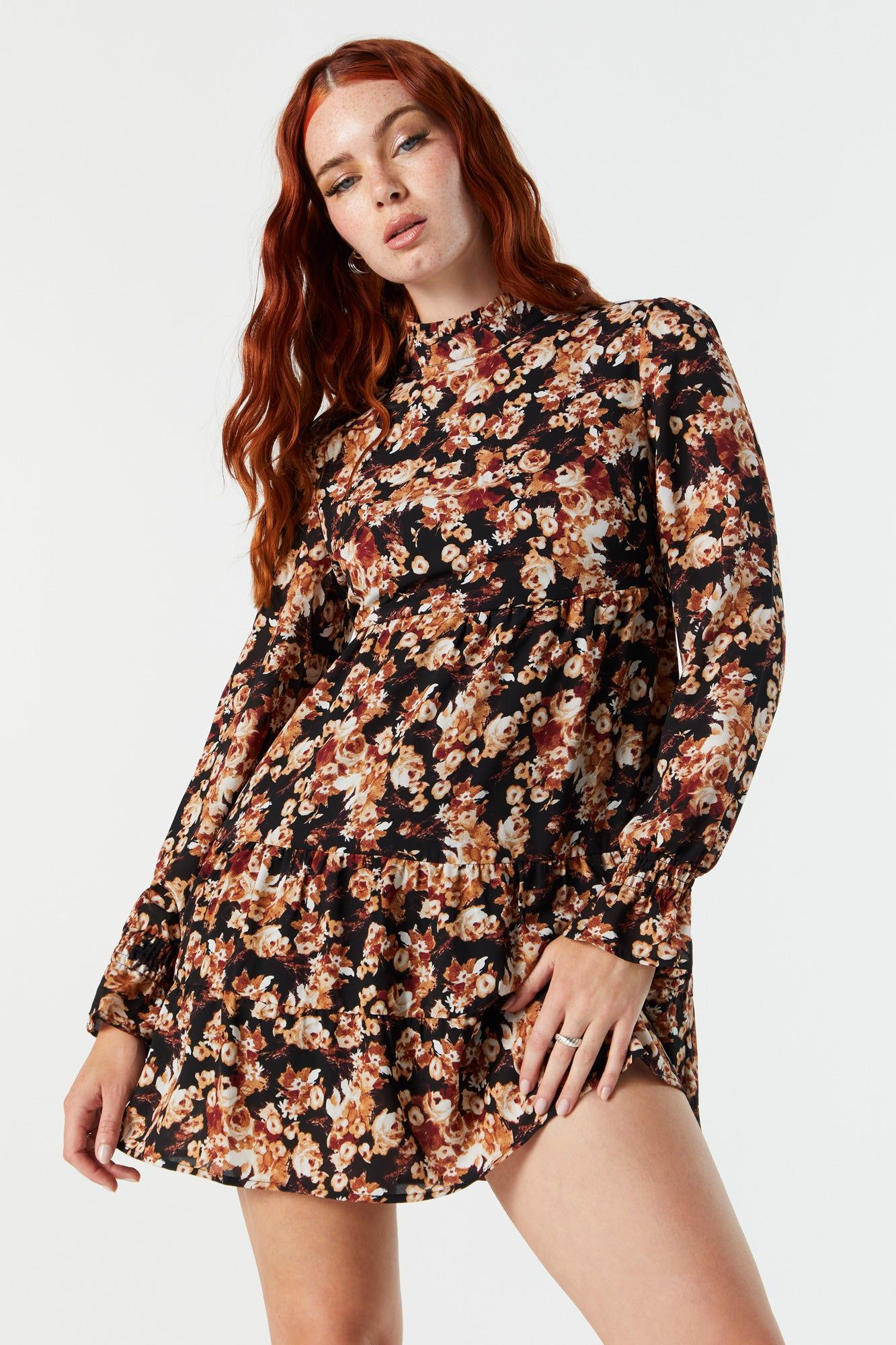 Black Floral Tiered Mock Neck Mini Dress sold by Urban Planet product image thumbnail 2