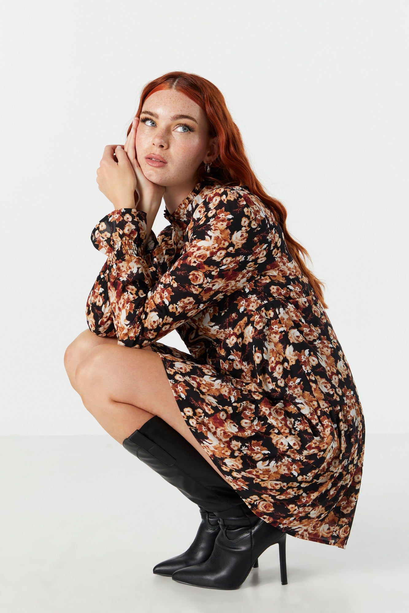 Black Floral Tiered Mock Neck Mini Dress sold by Urban Planet