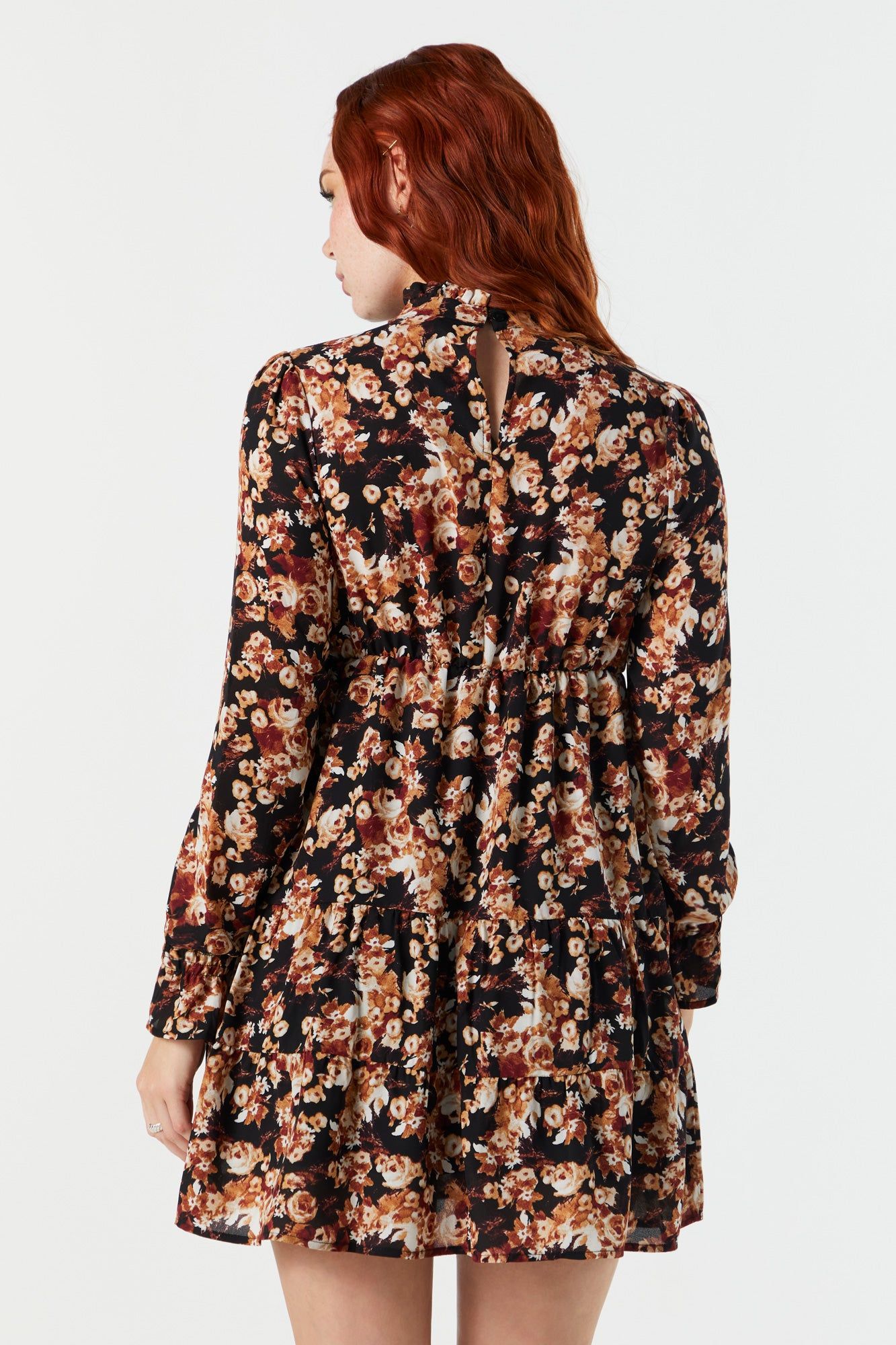 Black Floral Tiered Mock Neck Mini Dress sold by Urban Planet product image thumbnail 3