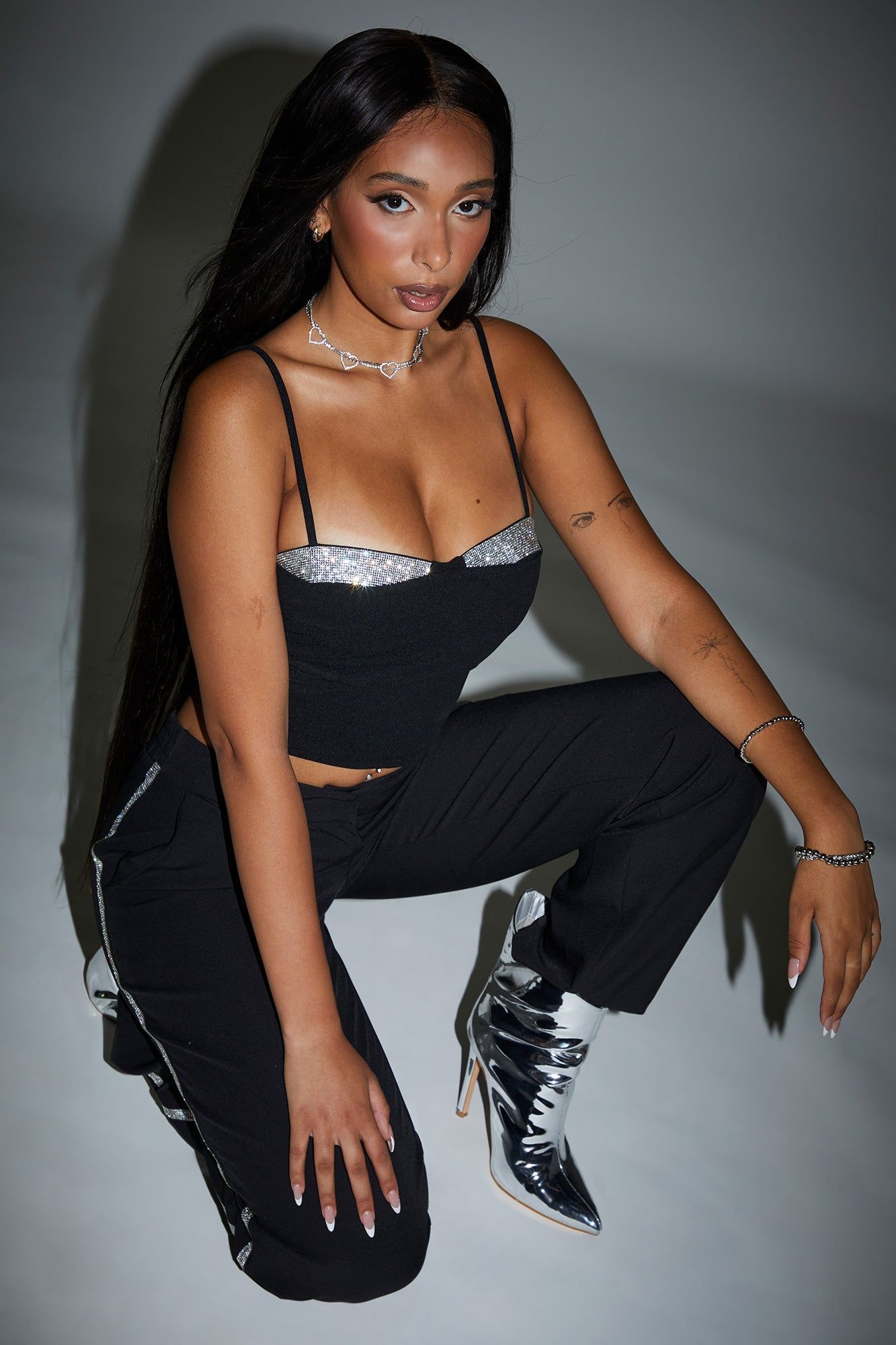 Black Rhinestone Sweetheart Crop Top sold by Urban Planet