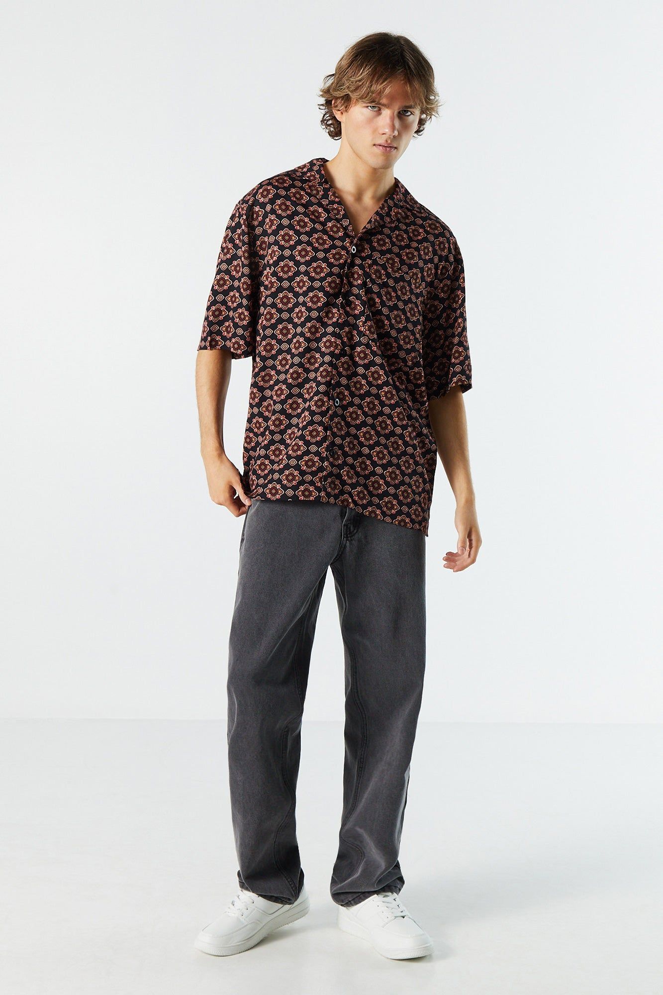 Black Print Relaxed Button-Up Top sold by Urban Planet product image thumbnail 3