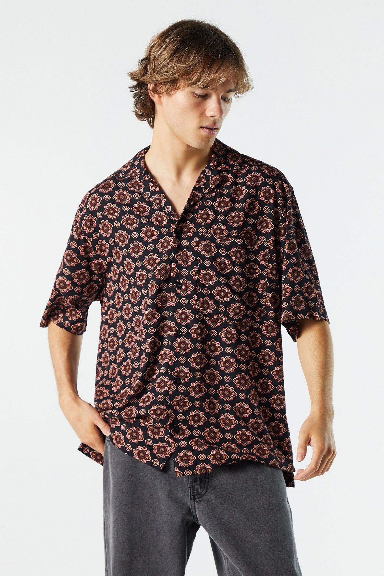 Black Print Relaxed Button-Up Top sold by Urban Planet
