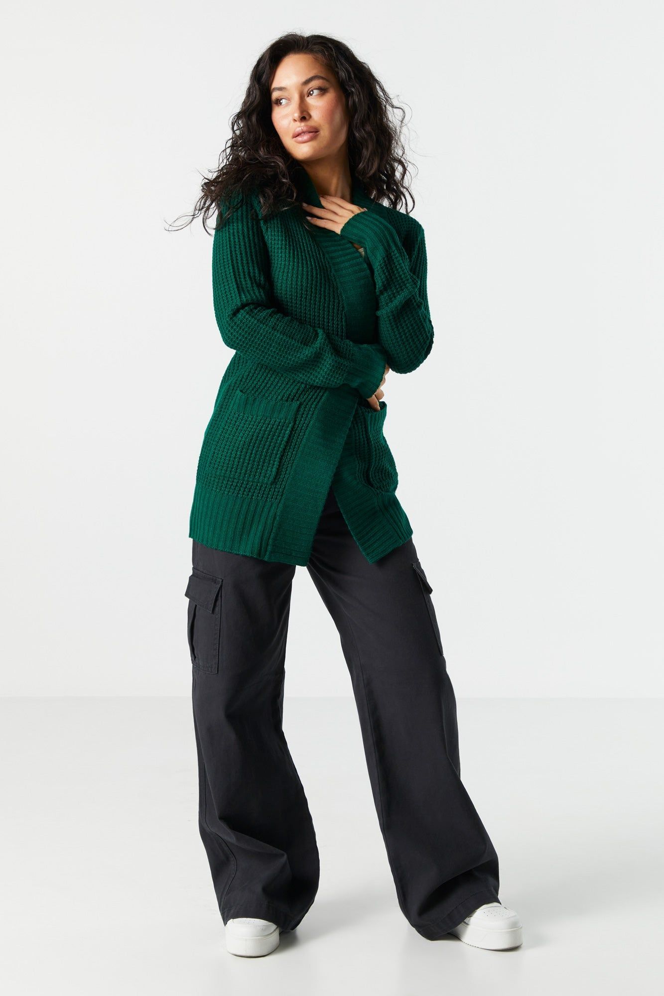 Solid Waffle Knit Open Cardigan sold by Urban Planet product image thumbnail 3