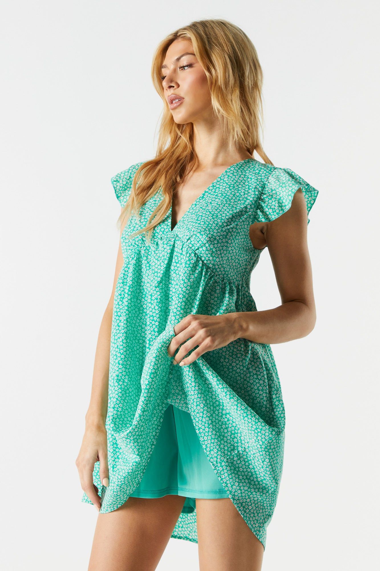 Green Floral V-Neck Babydoll Dress sold by Urban Planet product image thumbnail 4