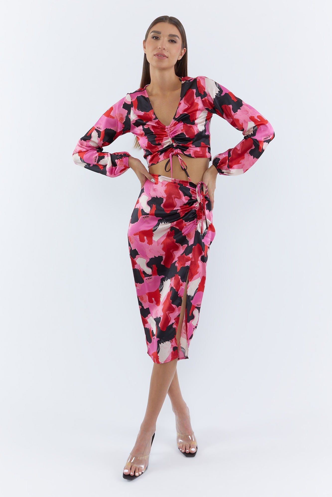 Ruched Slit Thigh Printed Midi Skirt sold by Urban Planet