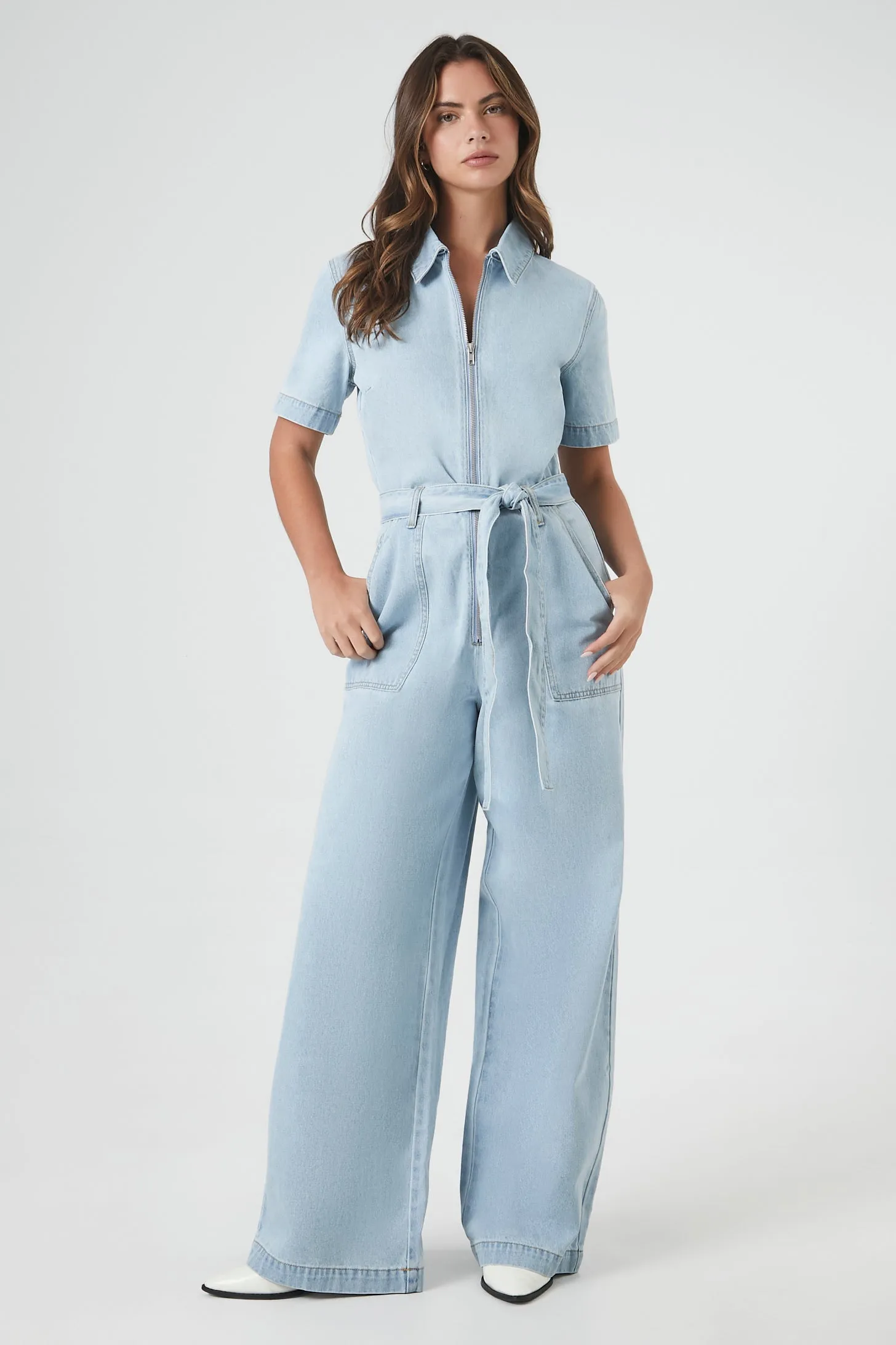 Zip-Up Wide Leg Denim Jumpsuit sold by Urban Planet