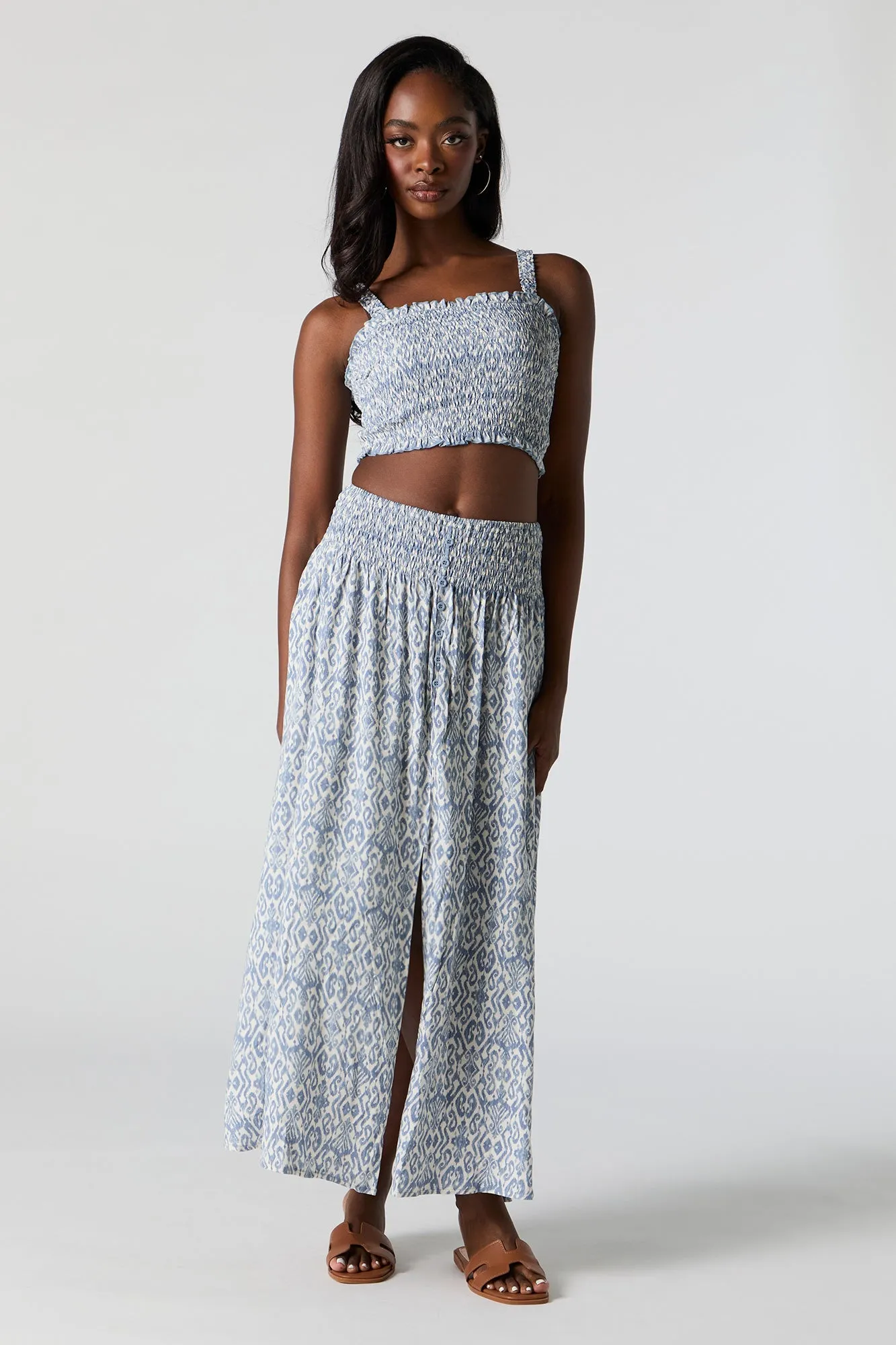 Blue and White Print Buttoned Maxi Skirt sold by Urban Planet