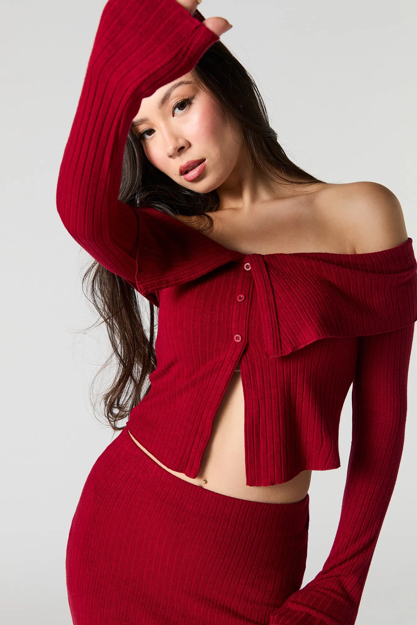 Ribbed Knit Button-Up Off Shoulder Sweater sold by Urban Planet product image thumbnail 4