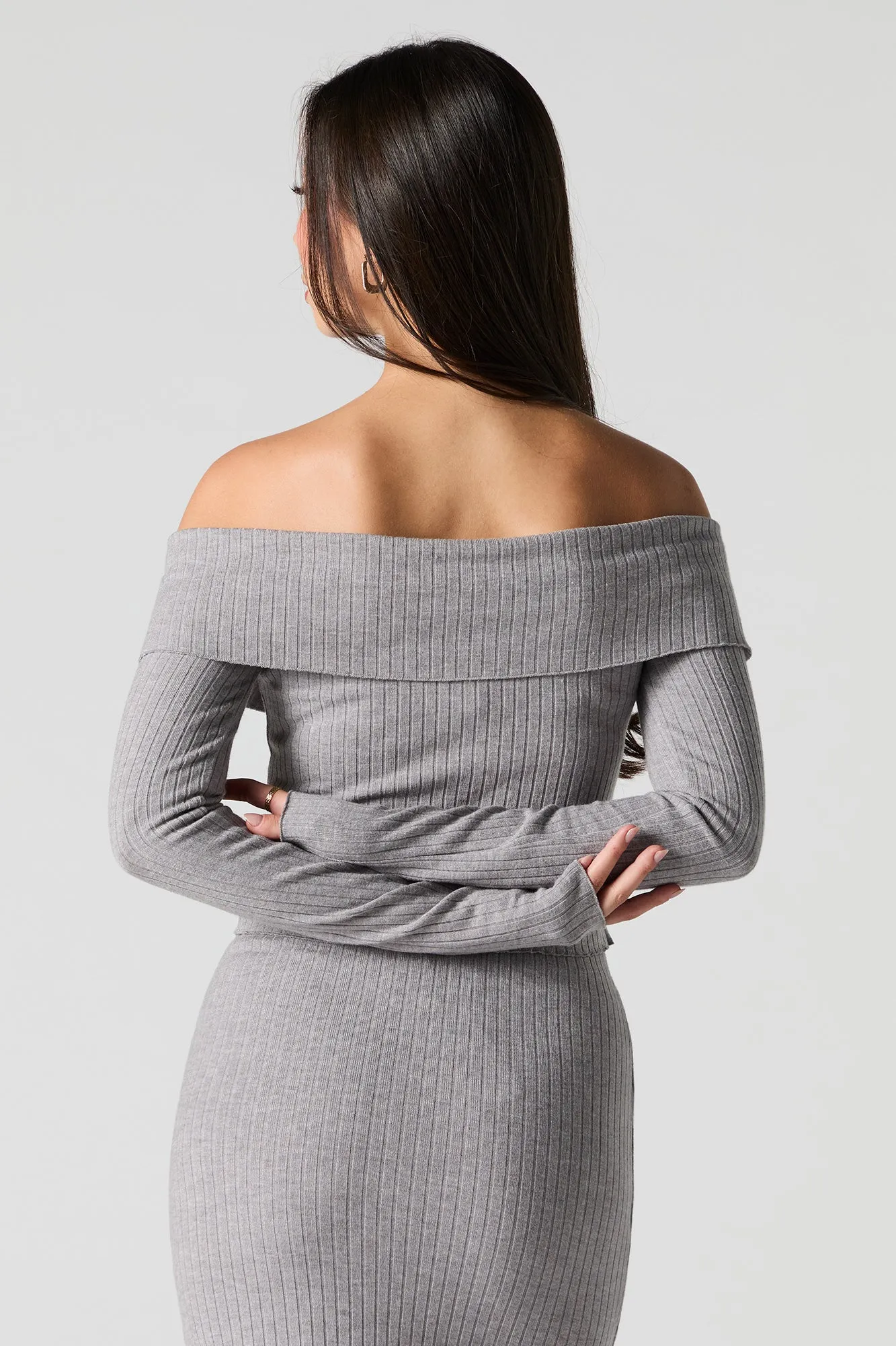 Ribbed Knit Button-Up Off Shoulder Sweater sold by Urban Planet product image thumbnail 2