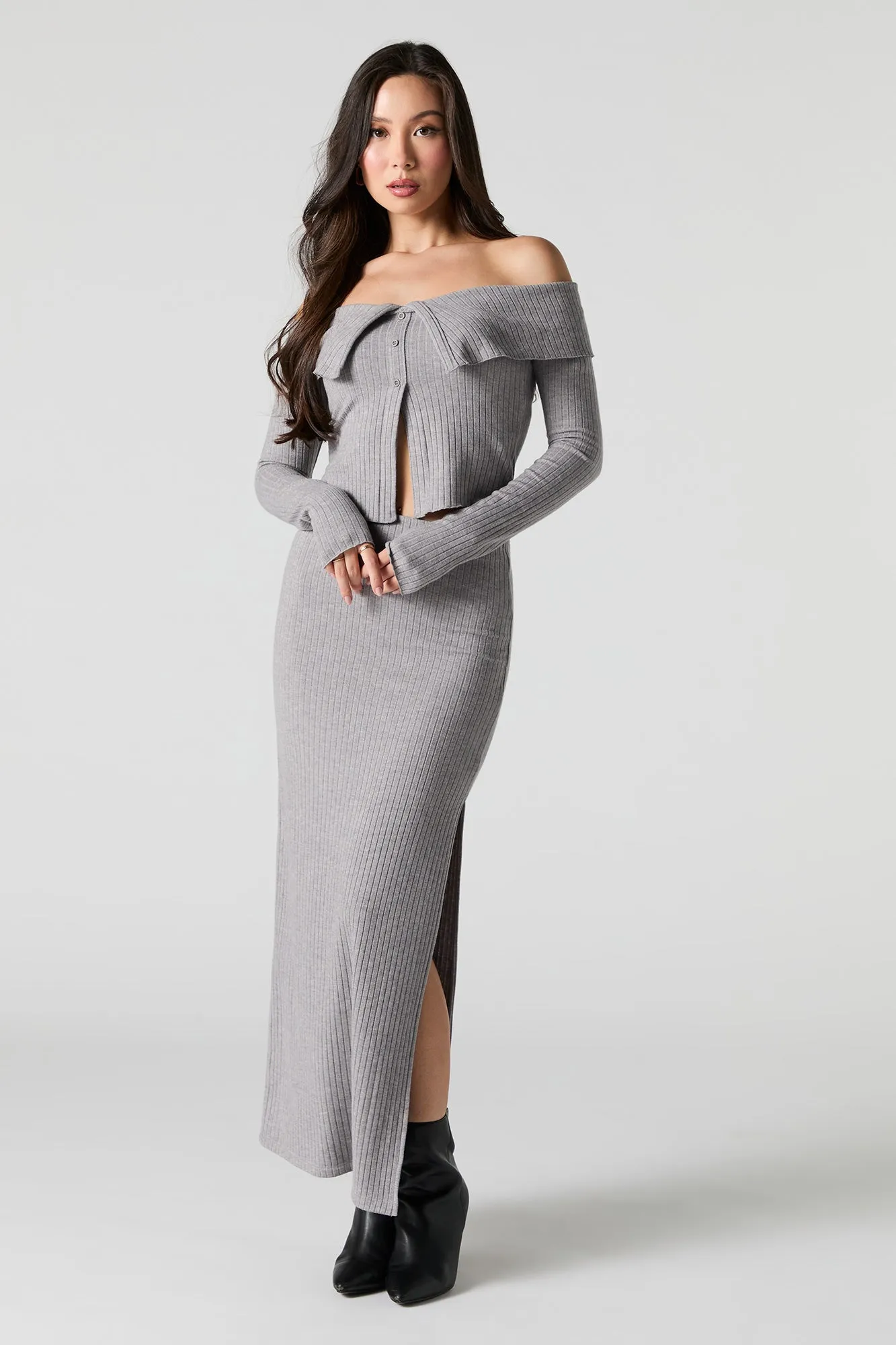 Ribbed Knit Button-Up Off Shoulder Sweater sold by Urban Planet product image thumbnail 3