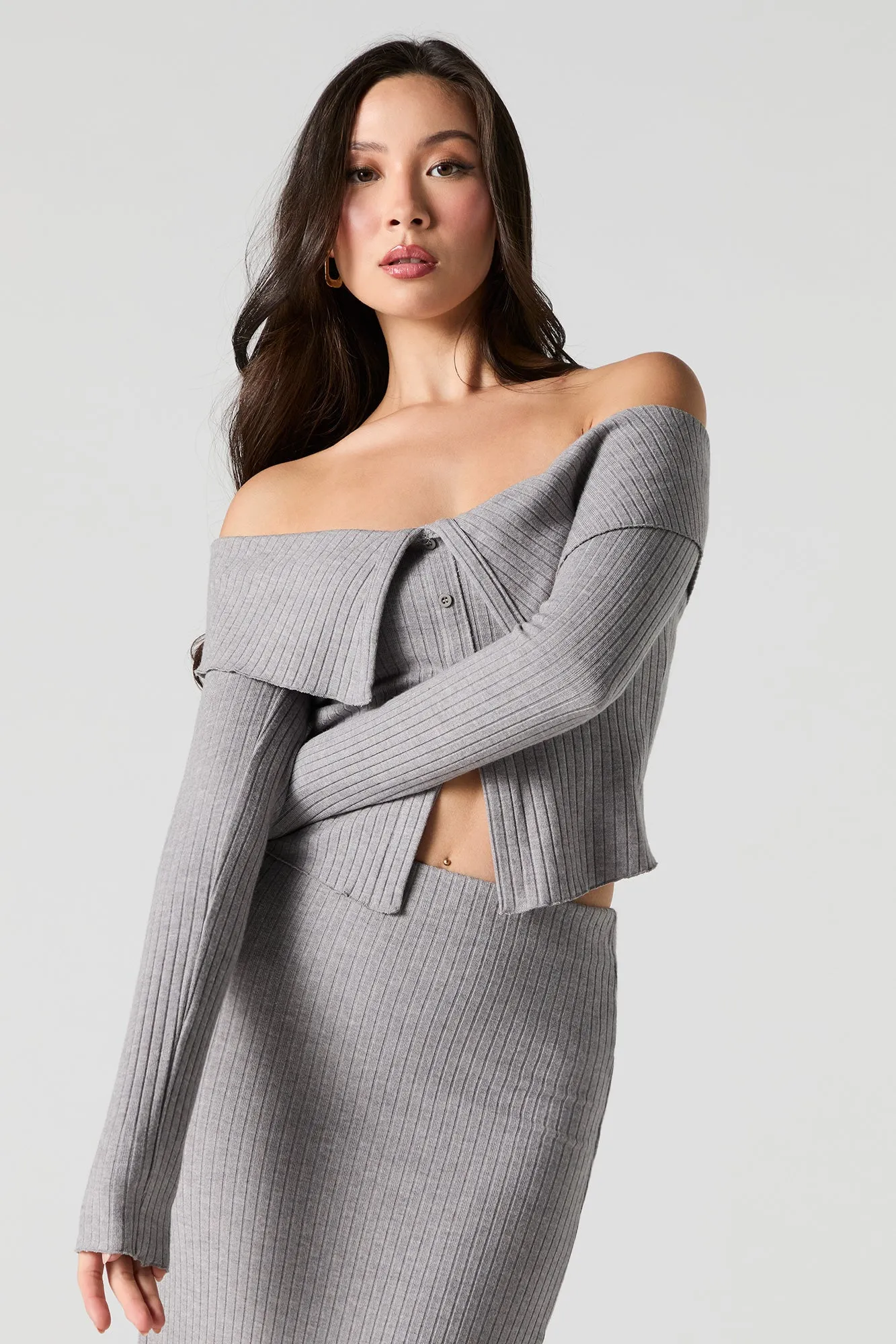 Ribbed Knit Button-Up Off Shoulder Sweater sold by Urban Planet