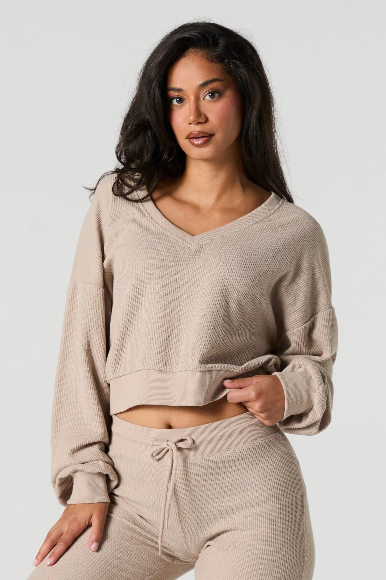Waffle Knit Cropped V-Neck Sweater sold by Urban Planet product image thumbnail 4