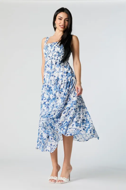 Chiffon Blue Floral Print Square Neck Tiered Midi Dress sold by Urban Planet