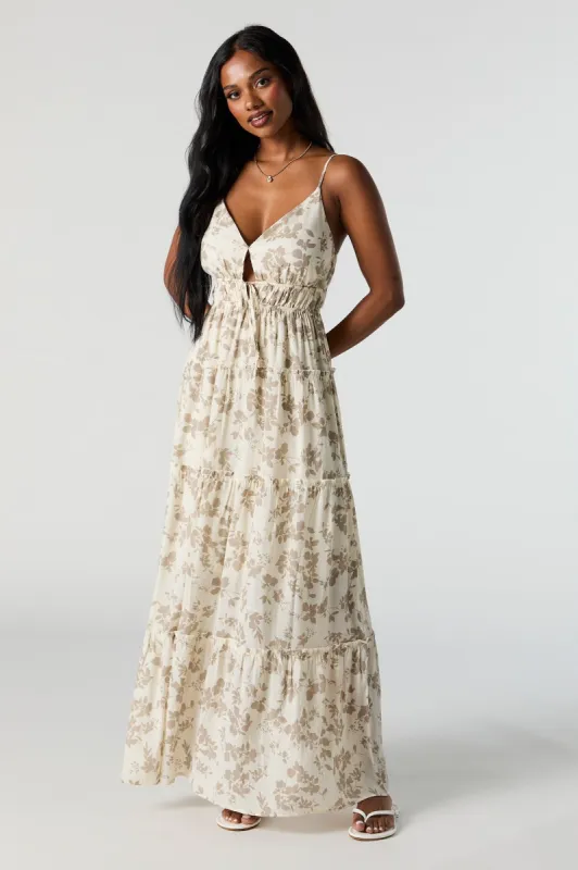 Robe maxi étagée à imprimé floral, col en V et attache à l'avant sold by Urban Planet