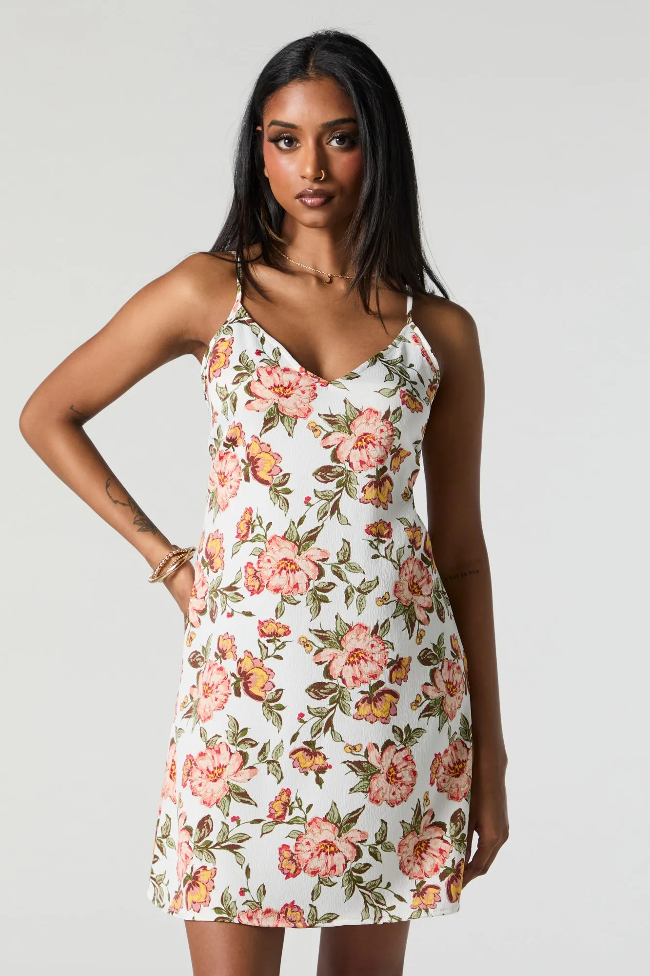Floral Satin V-Neck Tie Back Mini Dress sold by Urban Planet