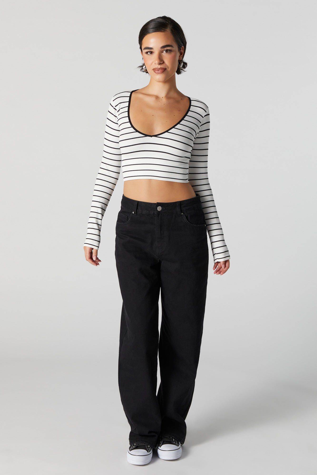 Striped Ribbed V-Neck Long Sleeve Top sold by Urban Planet product image thumbnail 3