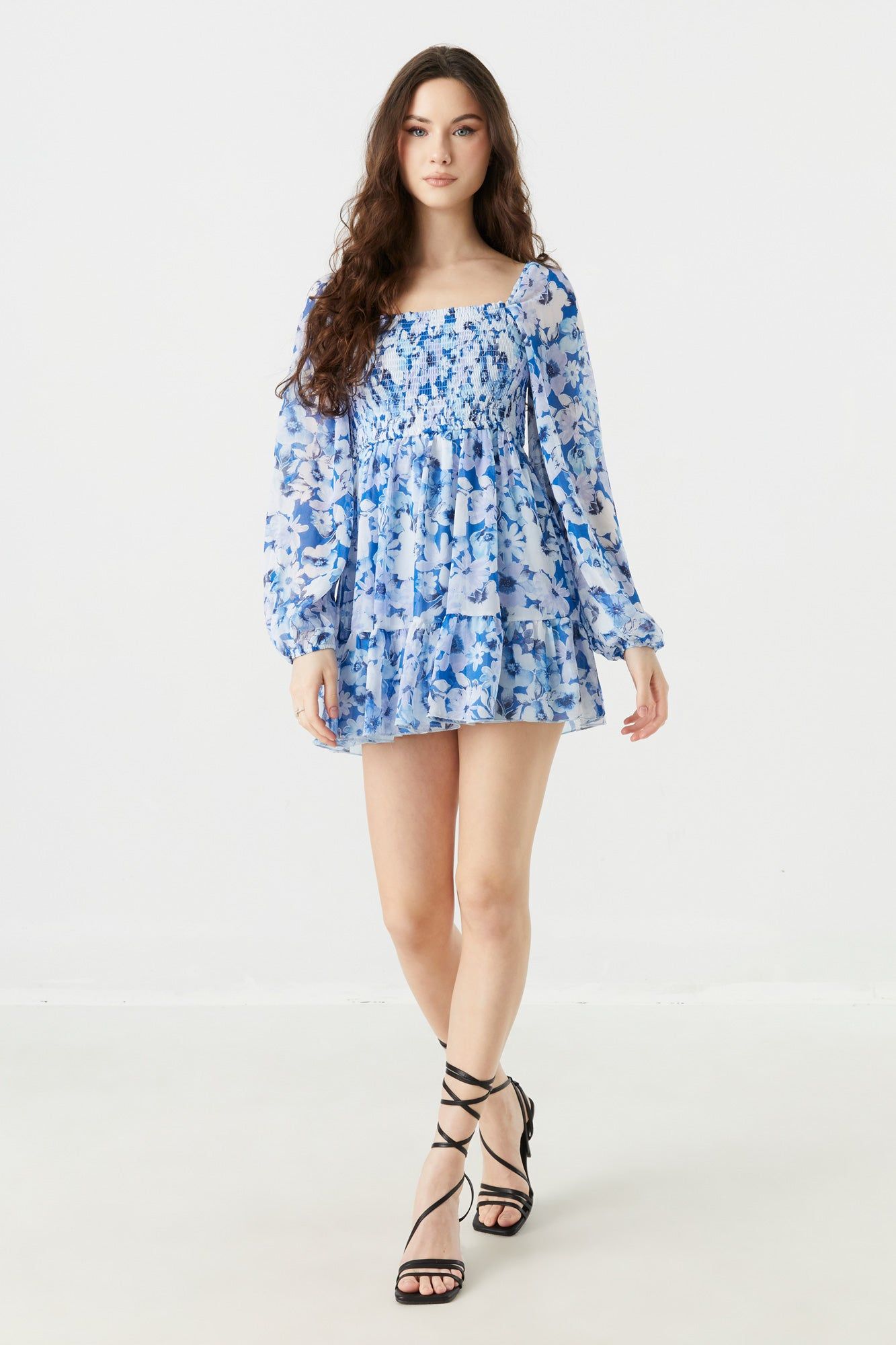 Blue Floral Print Smocked Long Sleeve Mini Dress sold by Urban Planet product image thumbnail 3