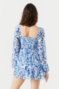 Blue Floral Print Smocked Long Sleeve Mini Dress sold by Urban Planet