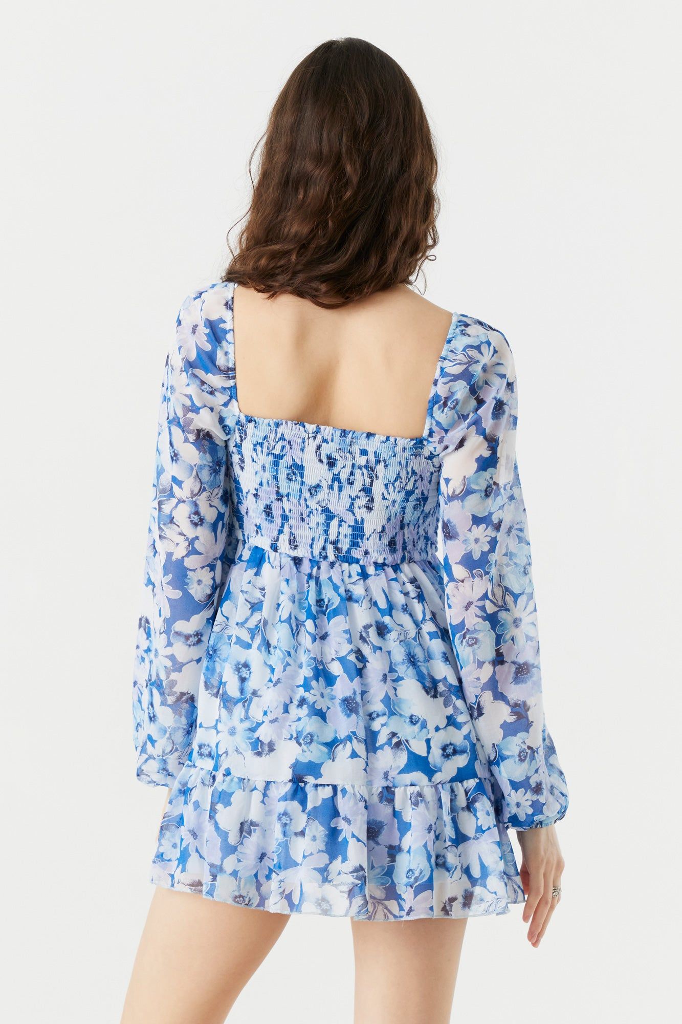 Blue Floral Print Smocked Long Sleeve Mini Dress sold by Urban Planet product image thumbnail 2