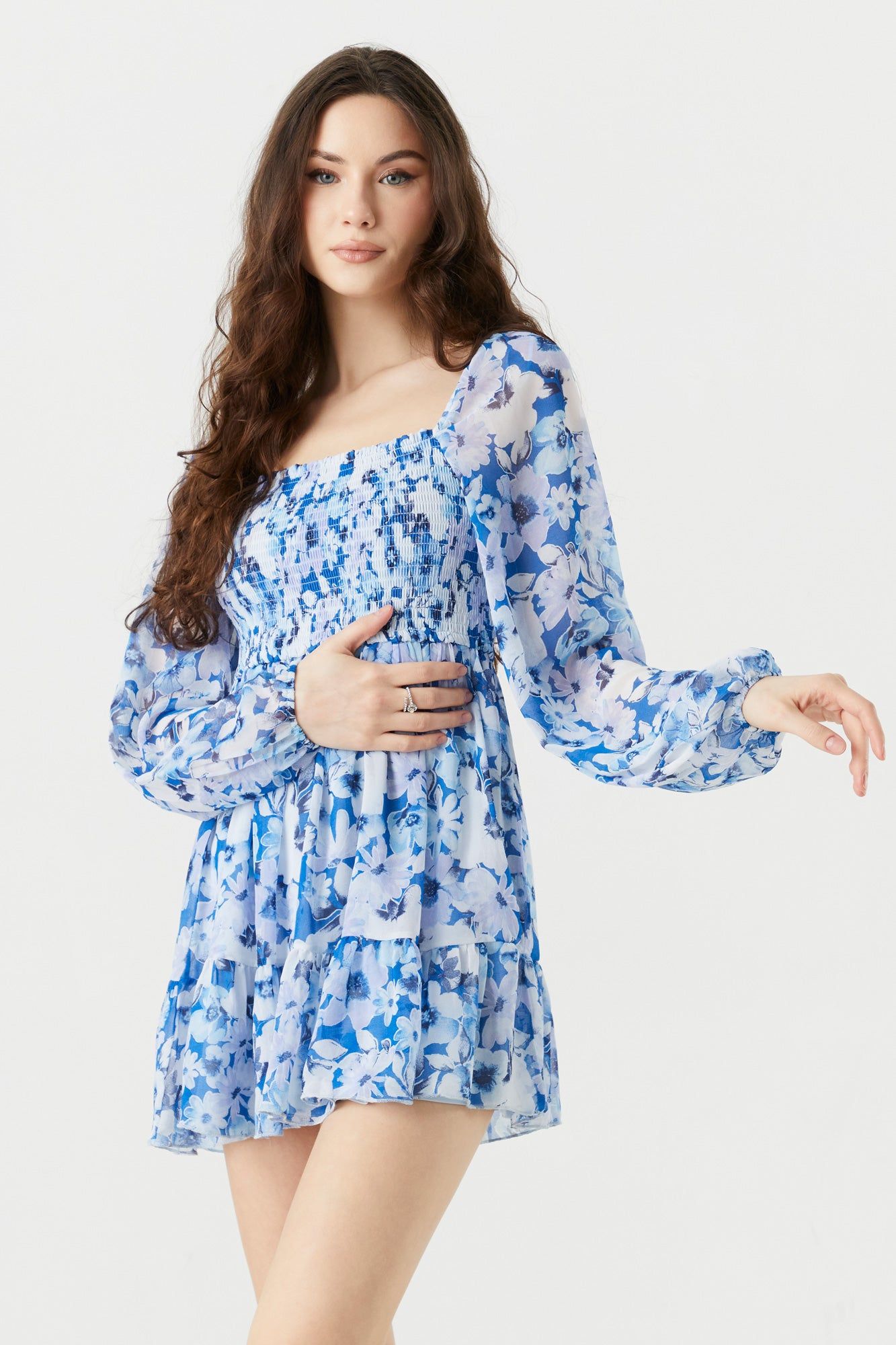 Blue Floral Print Smocked Long Sleeve Mini Dress sold by Urban Planet