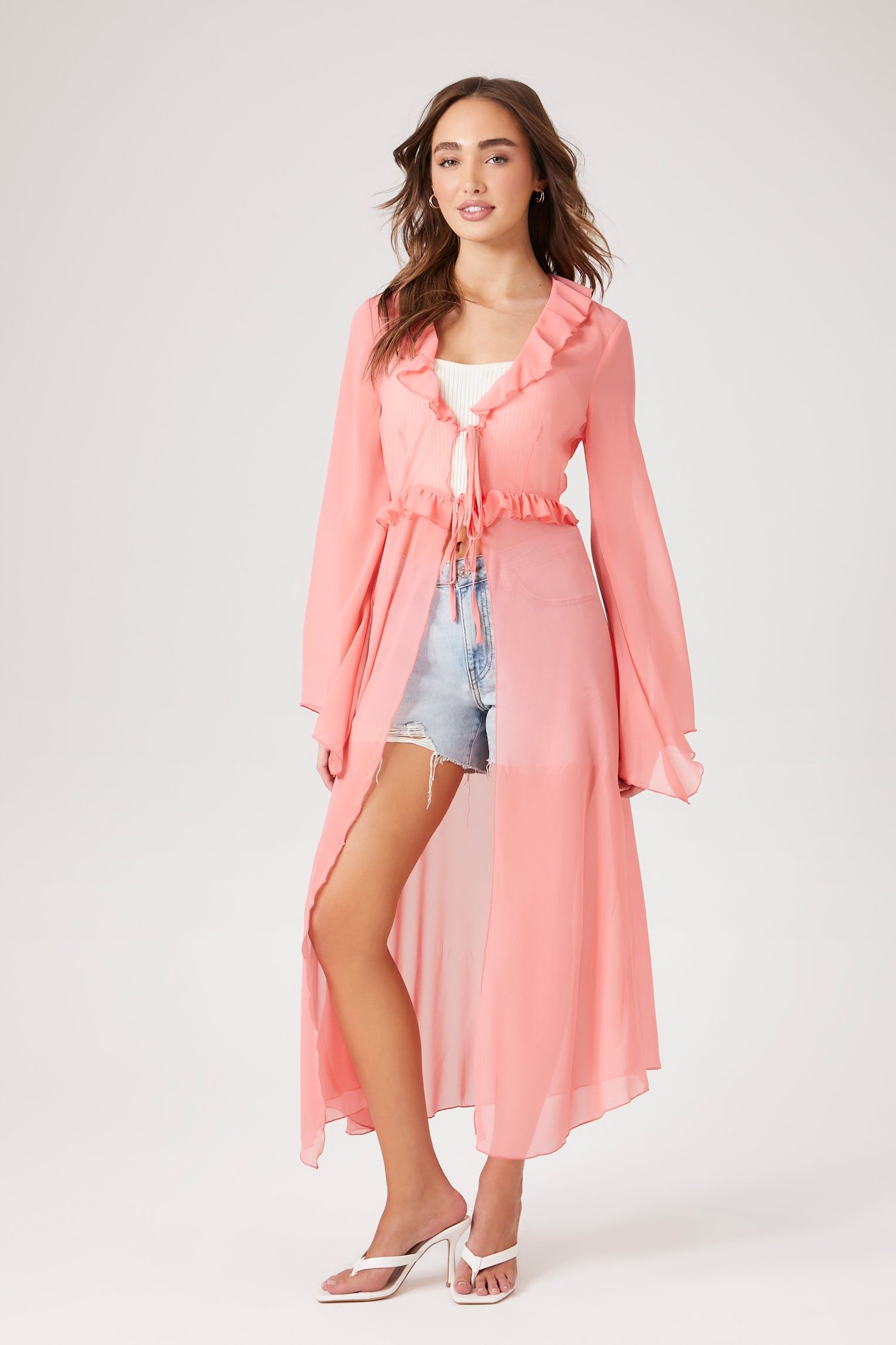 Chiffon Ruffle Trim Kimono sold by Urban Planet
