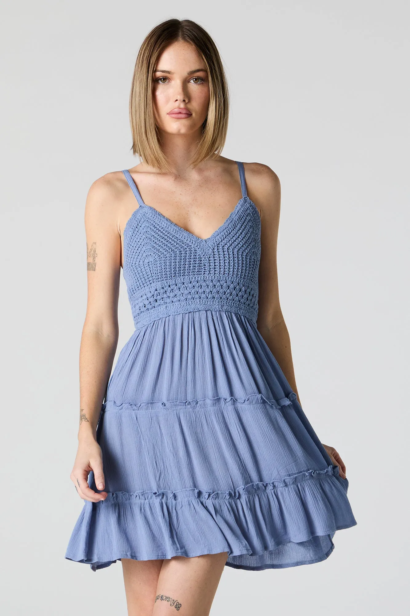 Crochet V-Neck Tiered Mini Dress sold by Urban Planet product image thumbnail 5