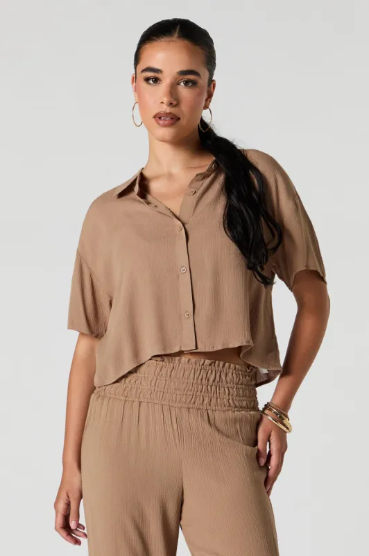 Textured Cropped Button-Up Top sold by Urban Planet