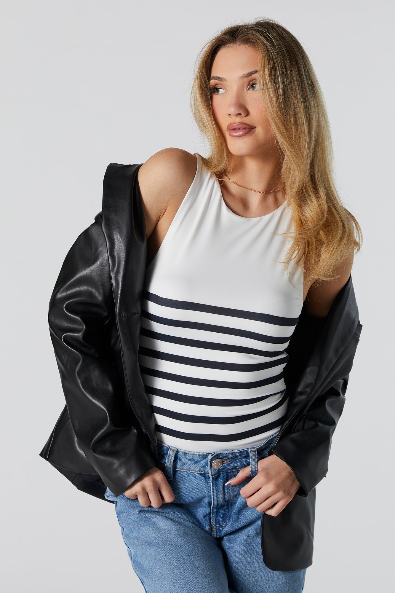Striped Contour Crewneck Sleeveless Bodysuit sold by Urban Planet