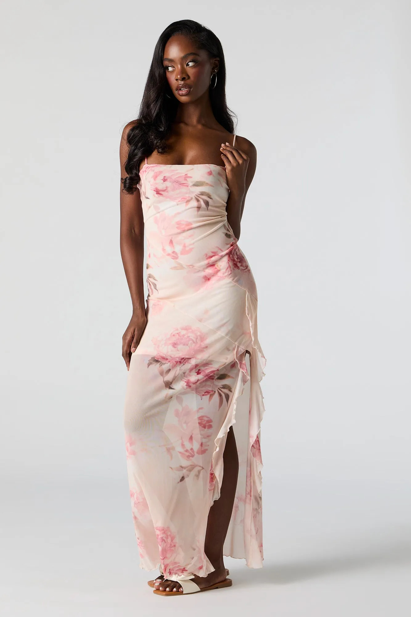 Floral Mesh Ruffled Slit Maxi Dress sold by Urban Planet product image thumbnail 3