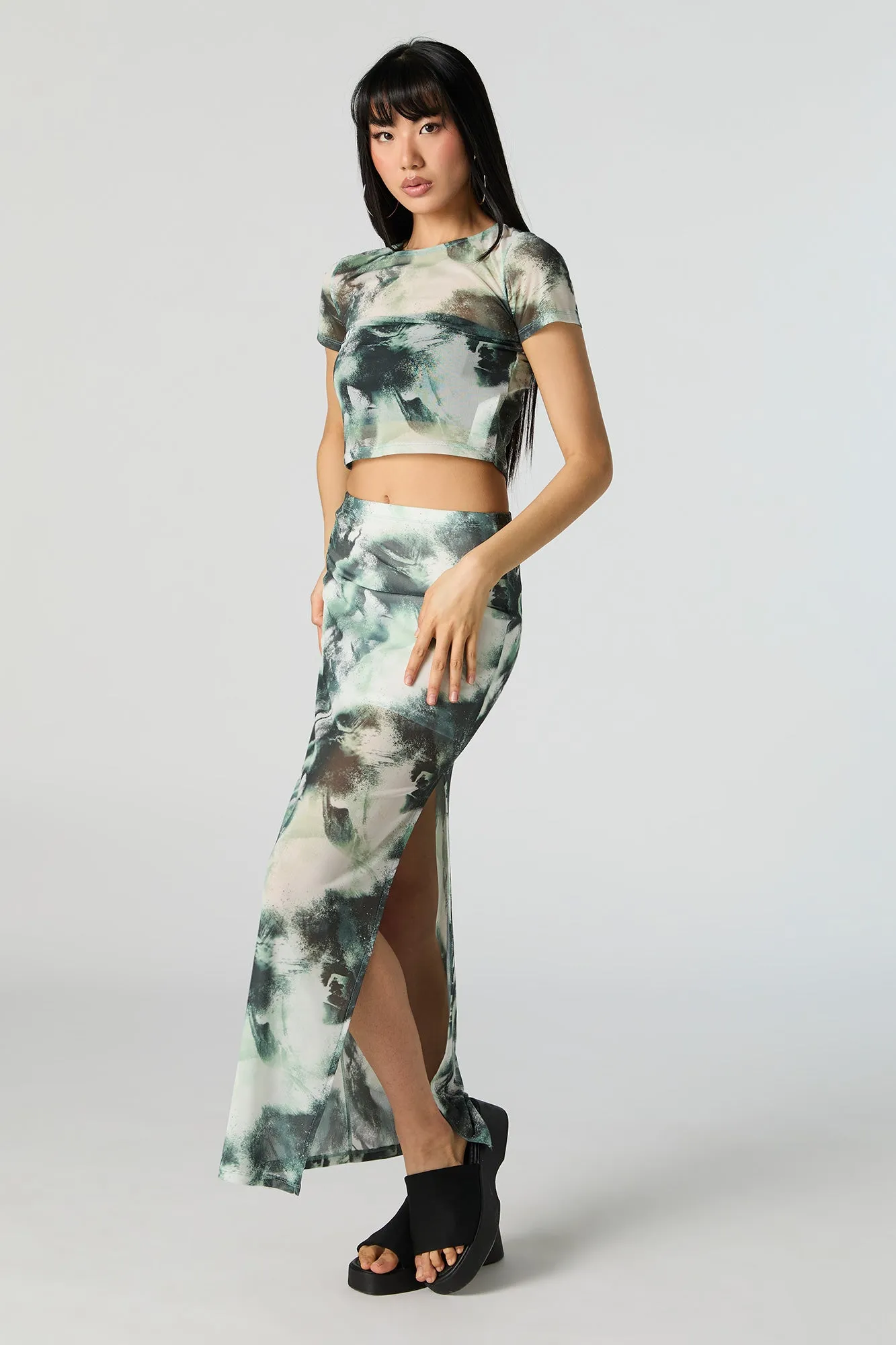 Green Abstract Mesh Slit Maxi Skirt sold by Urban Planet