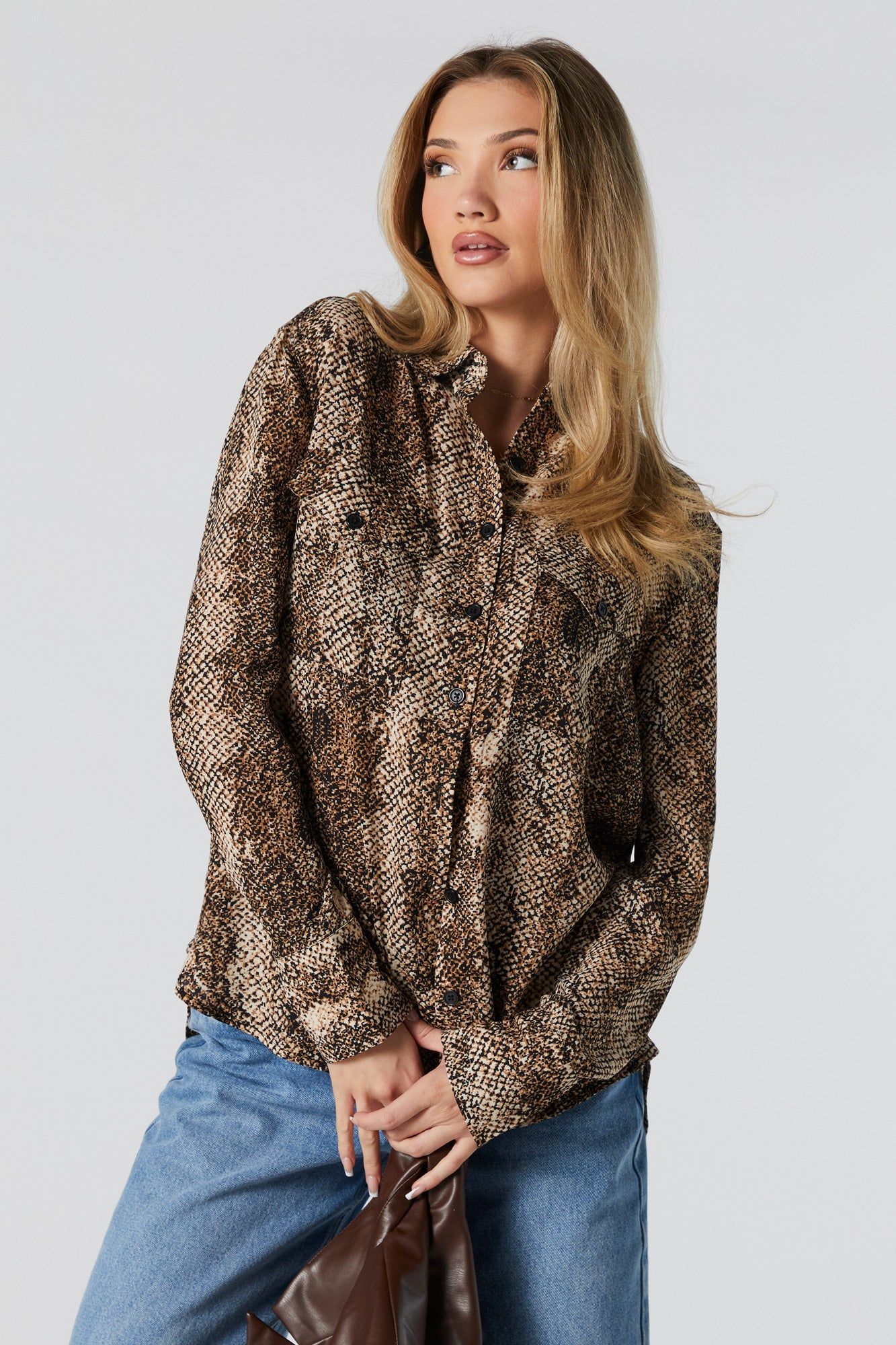 Snakeskin Print Long Sleeve Button-Up Top sold by Urban Planet