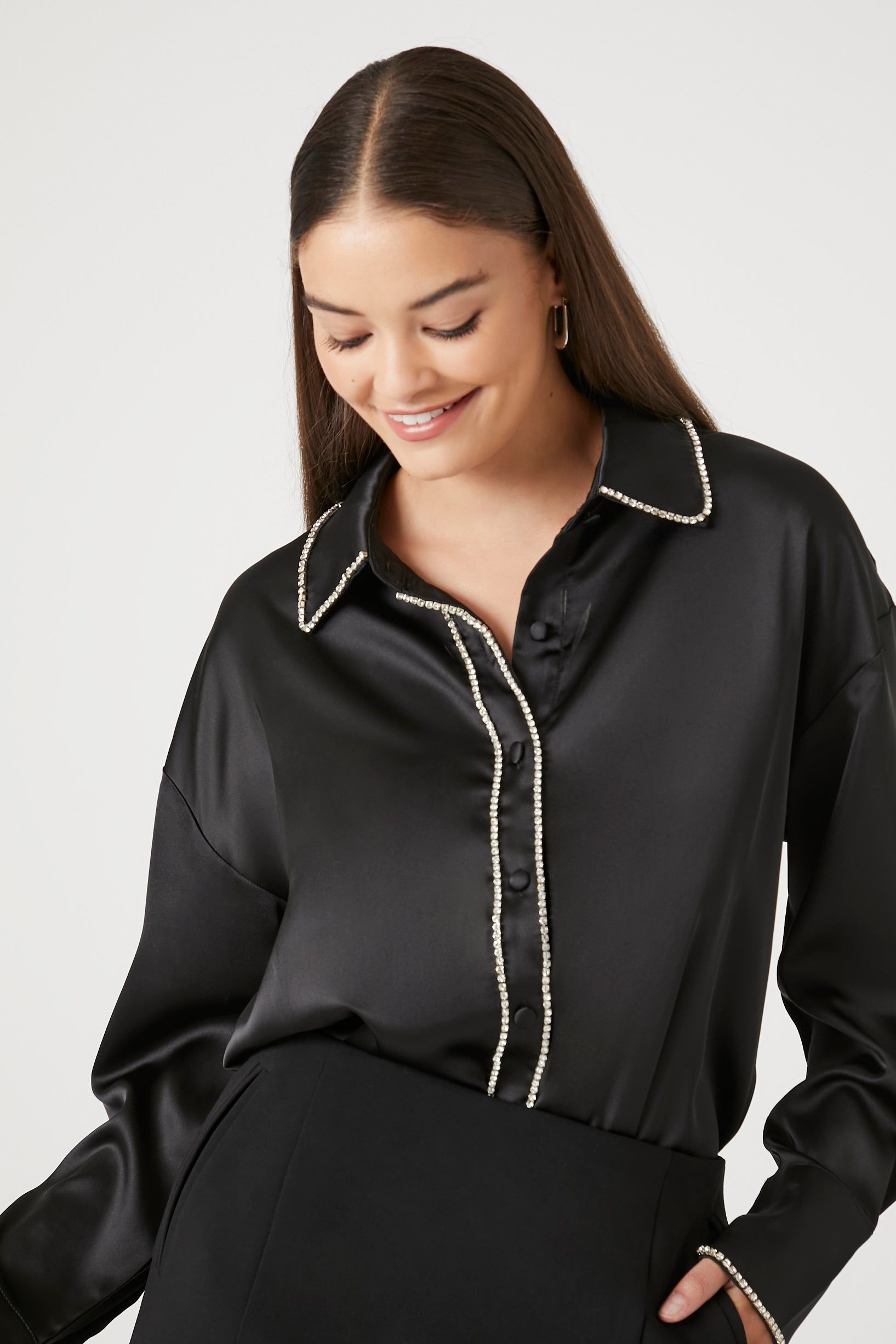 Satin Rhinestone Trim Shirt sold by Urban Planet