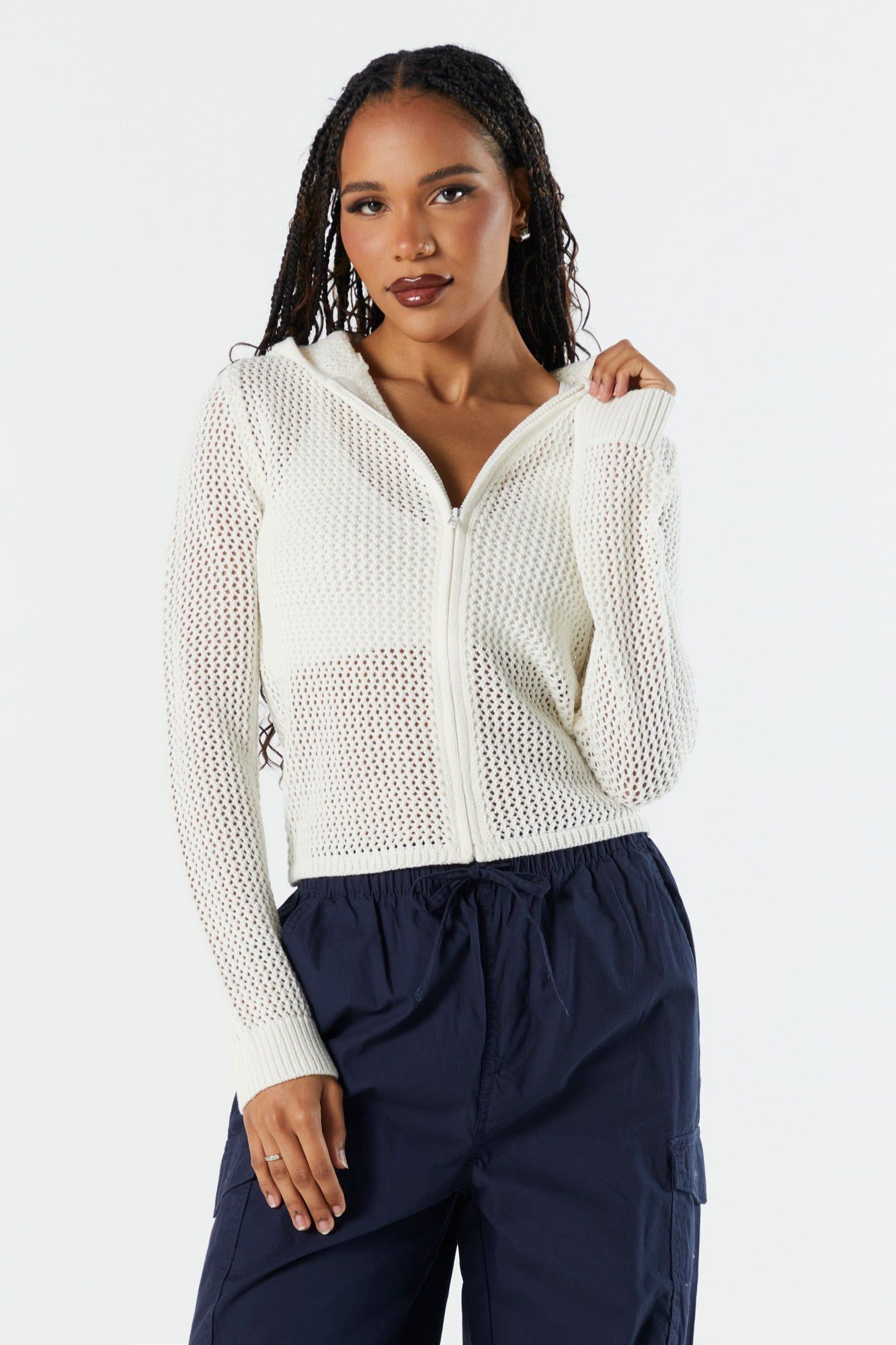Open Knit Zip-Up Cropped Hoodie sold by Urban Planet product image thumbnail 2