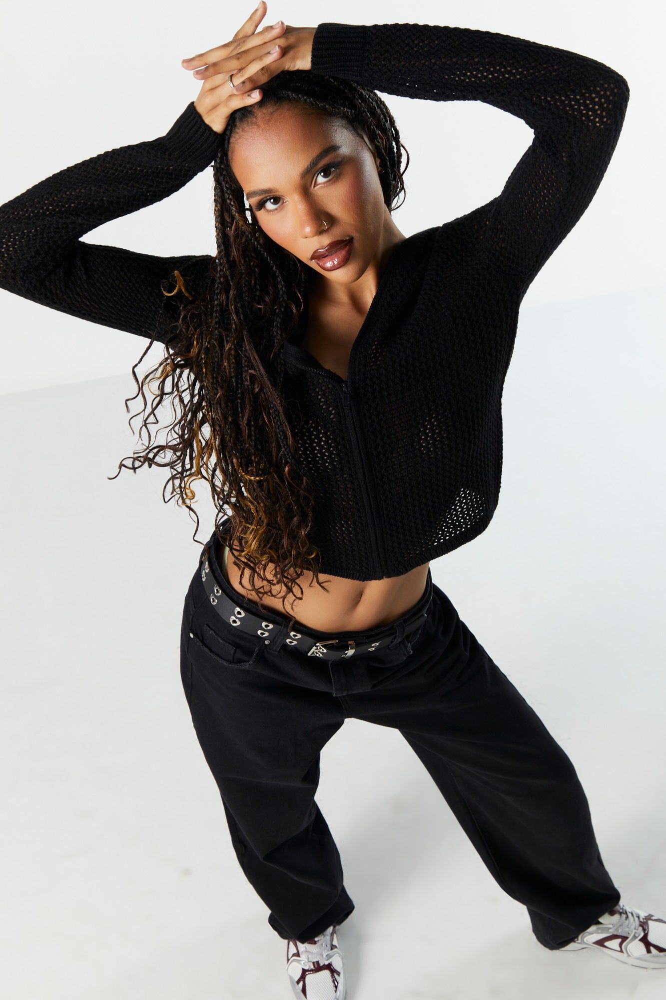 Open Knit Zip-Up Cropped Hoodie sold by Urban Planet product image thumbnail 4