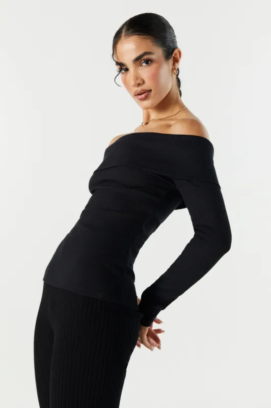 Ribbed Off Shoulder Long Sleeve Top sold by Urban Planet