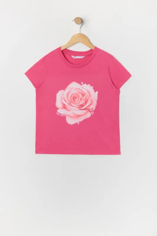 Girls Pink Flower Graphic T-Shirt sold by Urban Planet