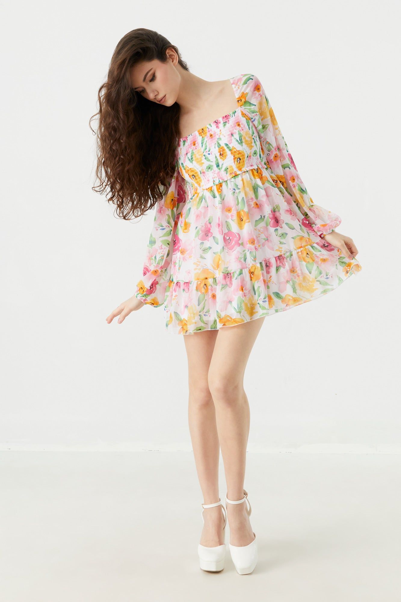 White Floral Print Smocked Long Sleeve Mini Dress sold by Urban Planet product image thumbnail 3