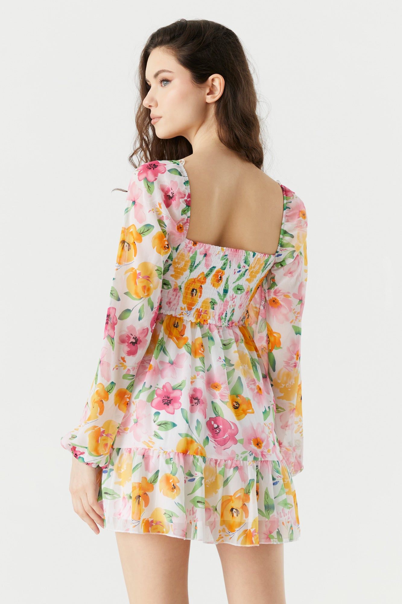 White Floral Print Smocked Long Sleeve Mini Dress sold by Urban Planet product image thumbnail 2