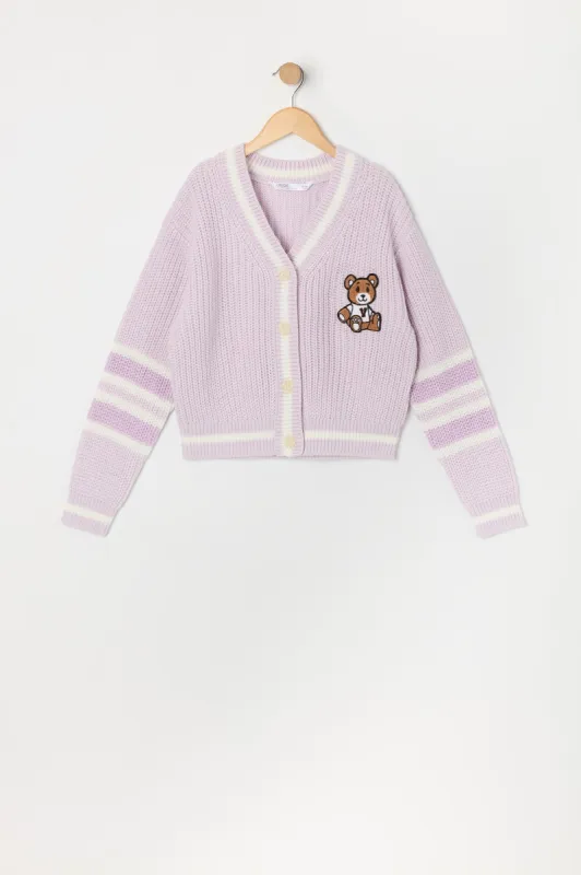 Girls Chenille Embroidered Striped Knit Cardigan sold by Urban Planet
