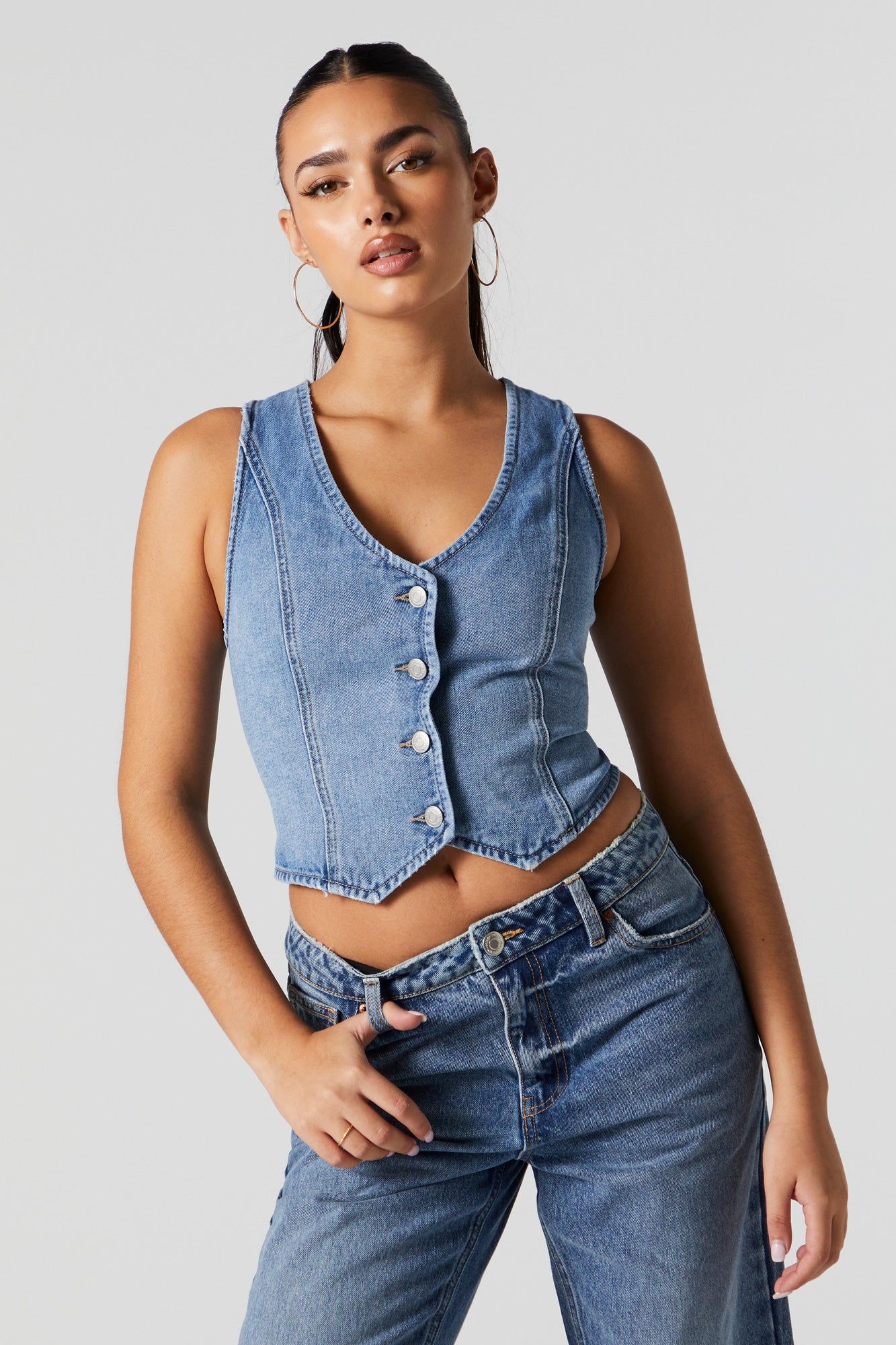 Medium Wash Denim Button-Up Vest sold by Urban Planet