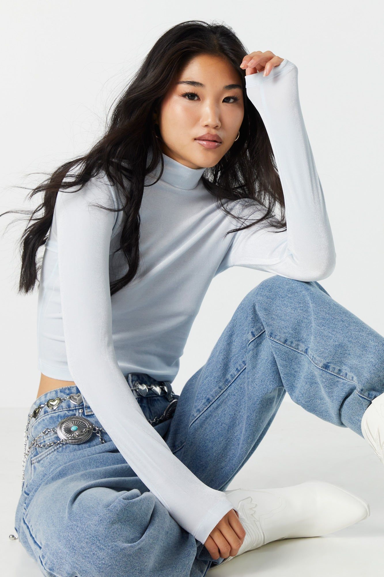 Velour Mock Neck Long Sleeve Top sold by Urban Planet