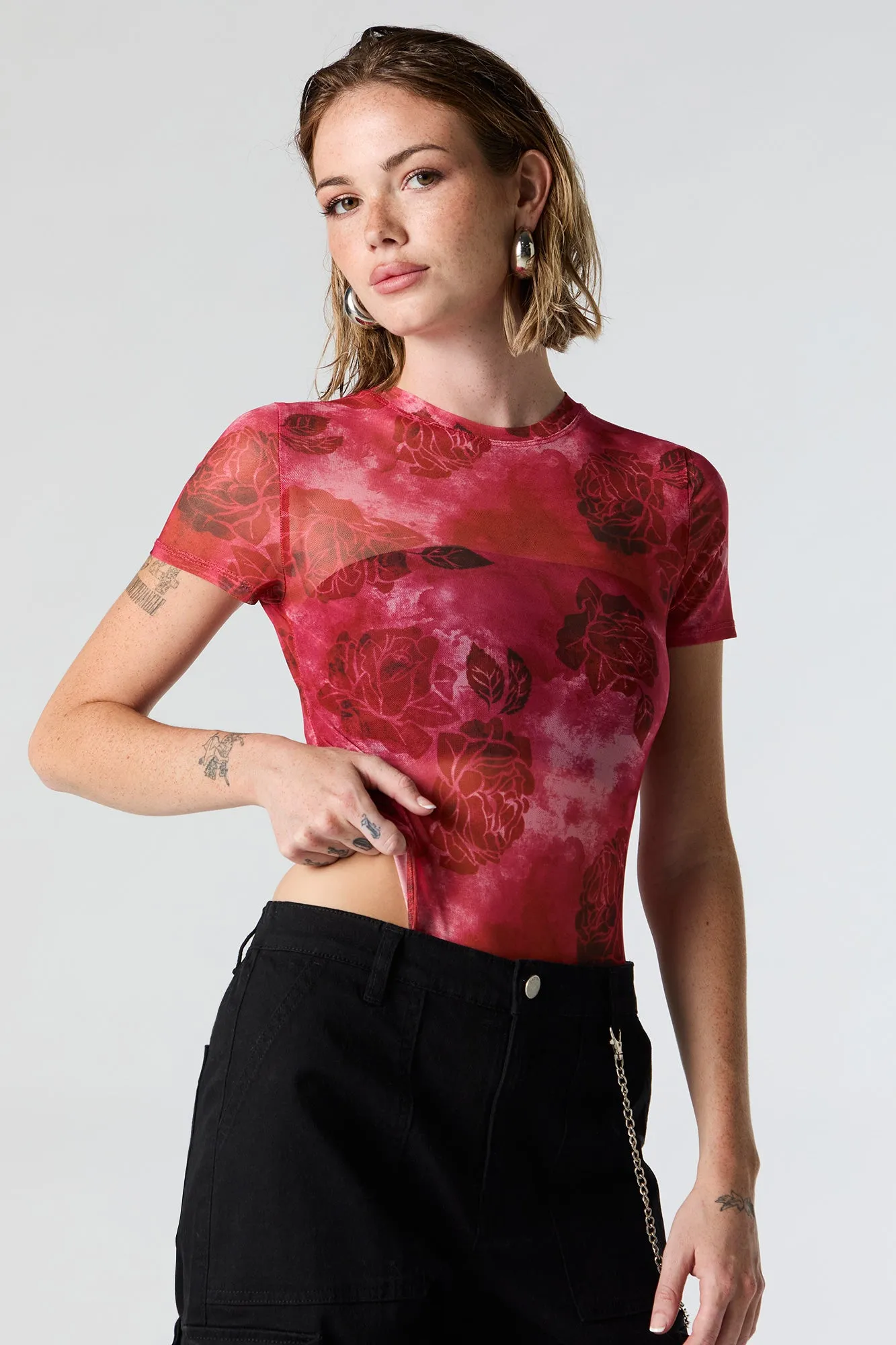 Floral Print Mesh Short Sleeve Bodysuit sold by Urban Planet product image thumbnail 2