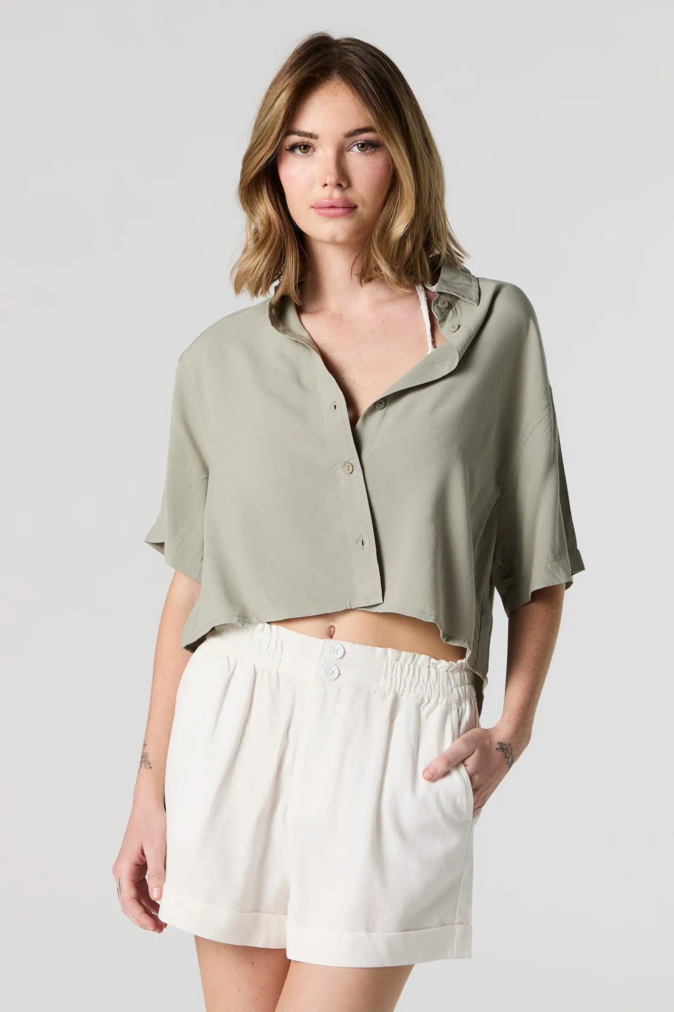 Cropped Button-Up Top sold by Urban Planet