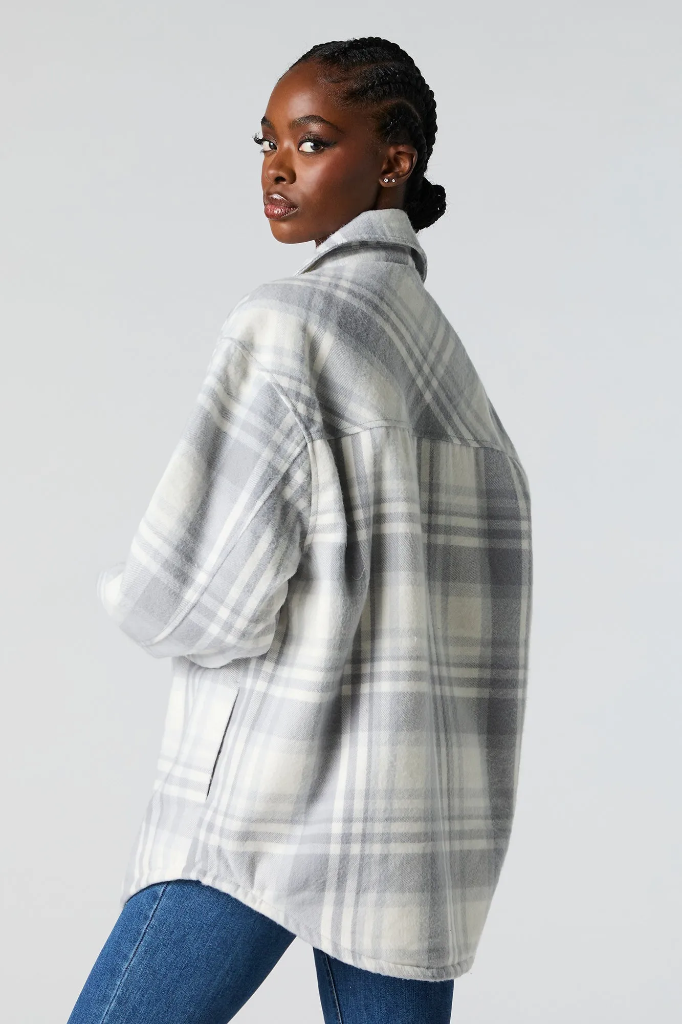 Sherpa Lined Plaid Flannel Shacket sold by Urban Planet product image thumbnail 2
