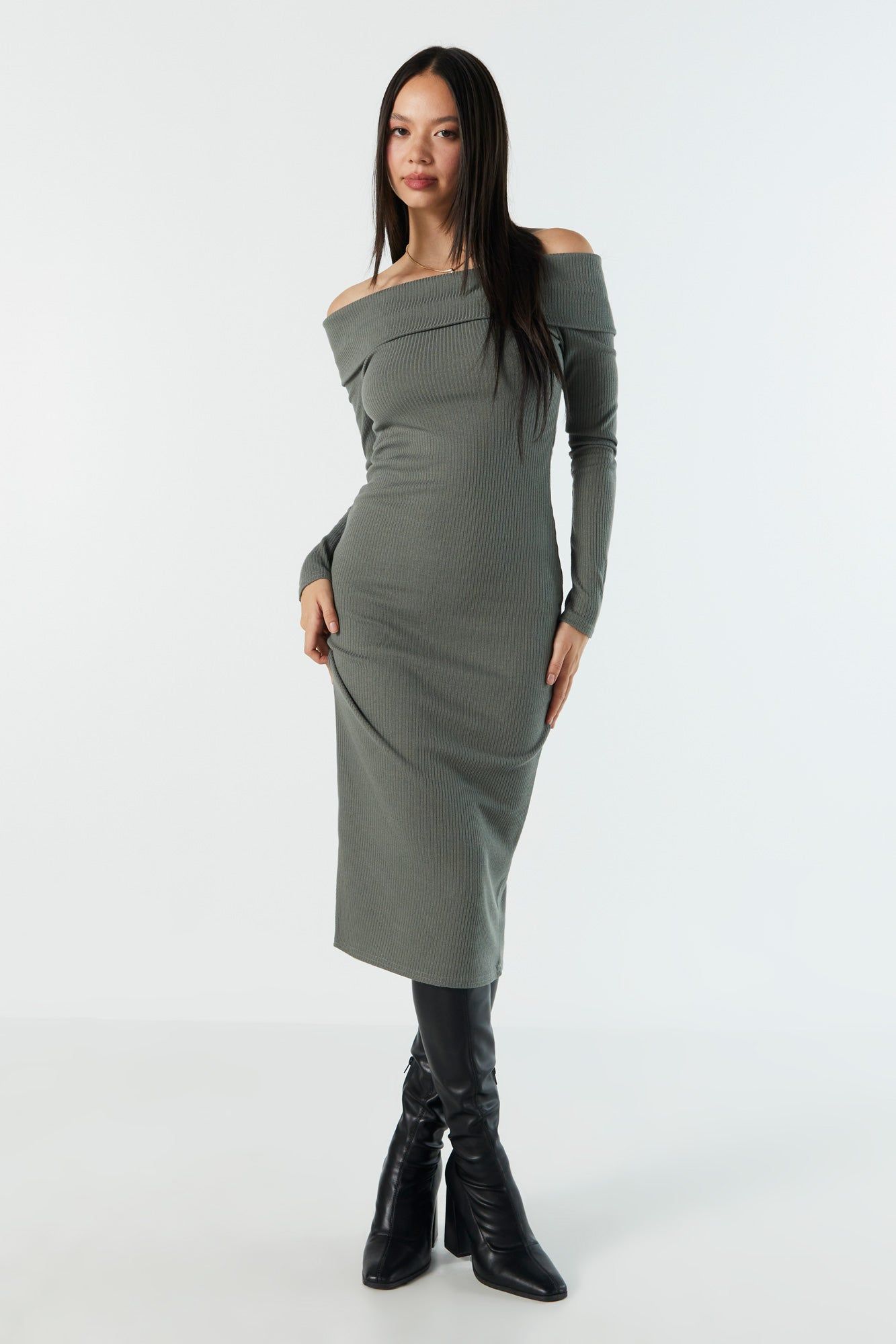 Ribbed Off Shoulder Midi Dress sold by Urban Planet