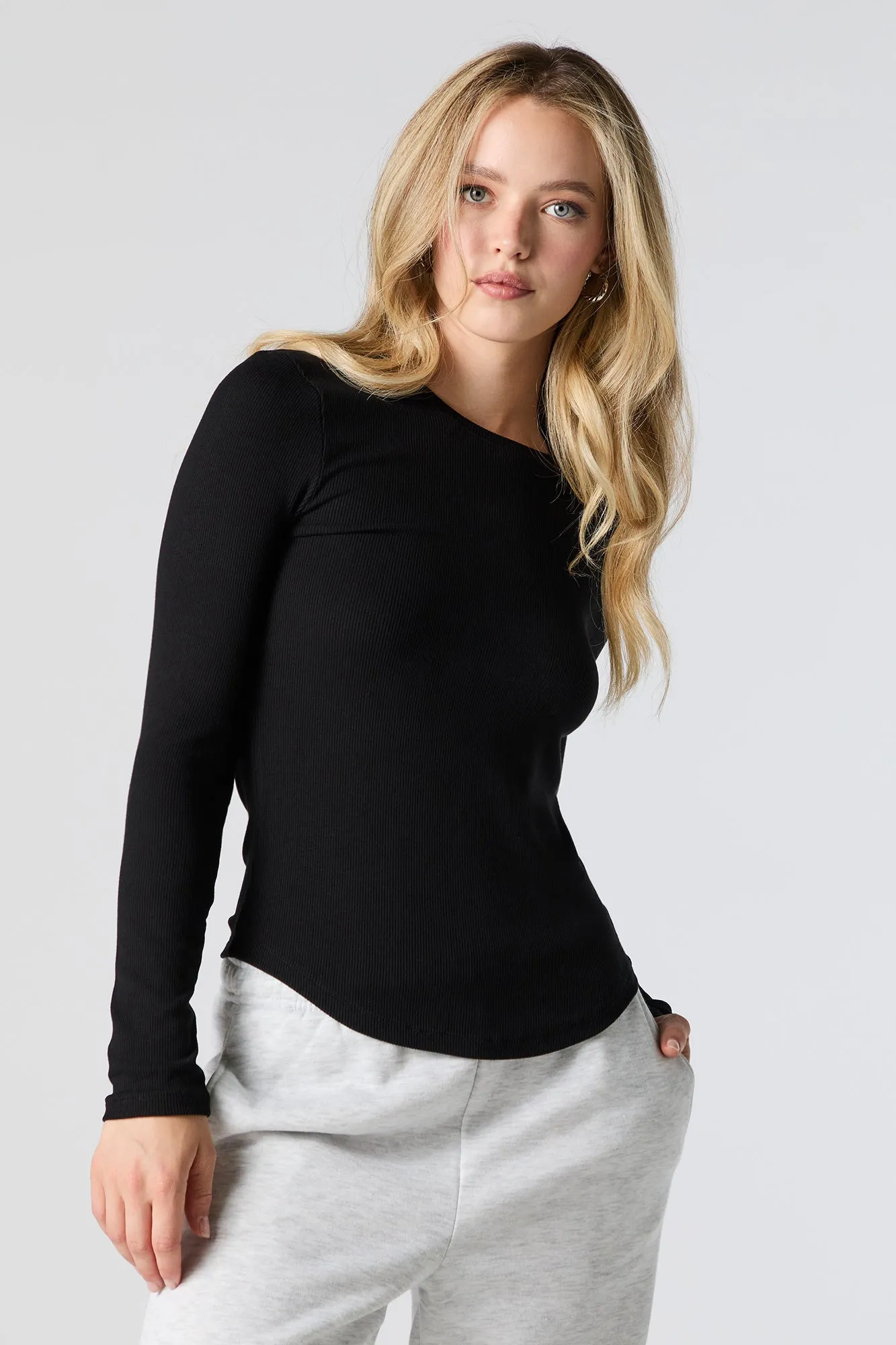 Ribbed Curved Hem Long Sleeve Top sold by Urban Planet product image thumbnail 4