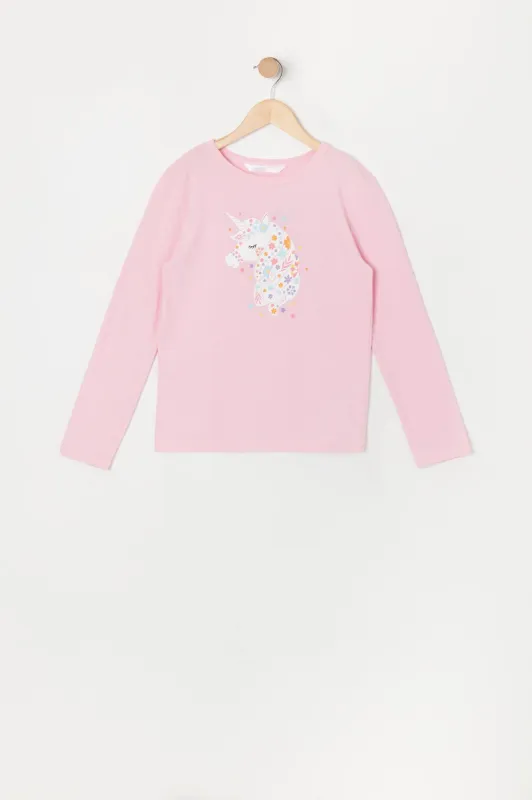 Girls Flower Unicorn Graphic Long Sleeve Top sold by Urban Planet