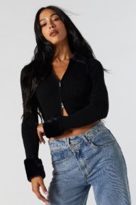 Faux Fur Collared Zip-Up Sweater sold by Urban Planet