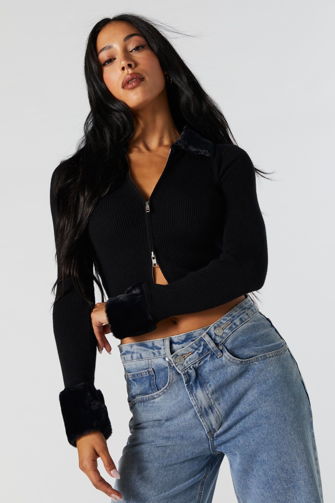 Faux Fur Collared Zip-Up Sweater sold by Urban Planet product image thumbnail 5